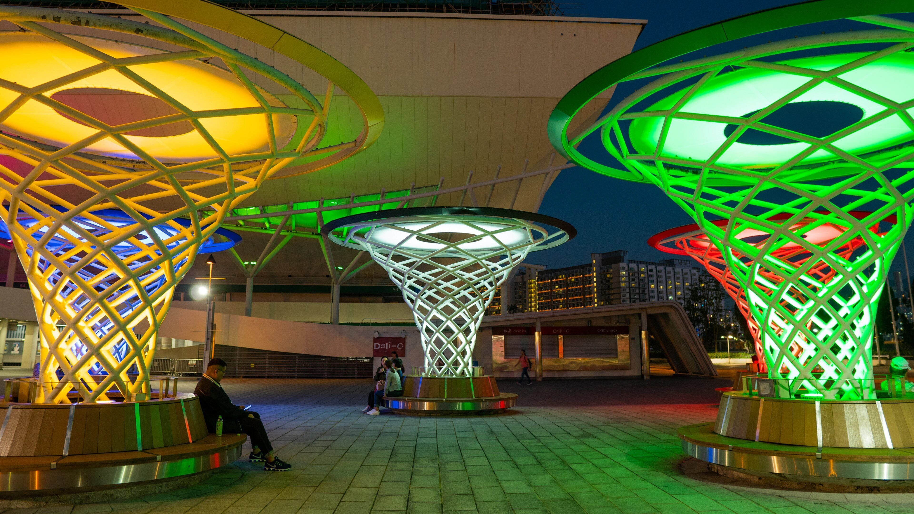 Hong Kong Coliseum showing night scenes and outdoor art