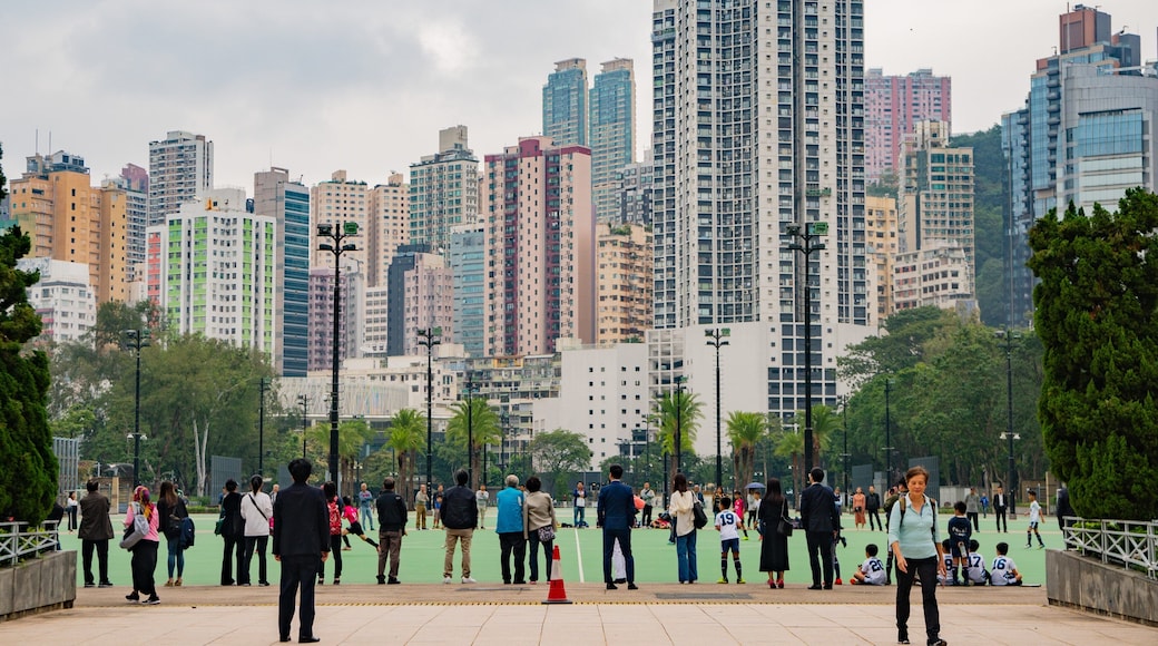 Victoria Park showing a city and street scenes as well as a large group of people
