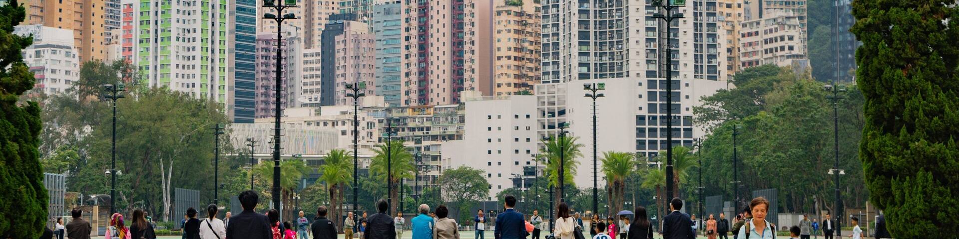 A park with people, trees, and a city skyline in the background.
