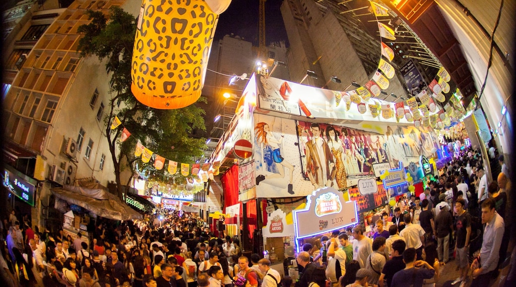 Lan Kwai Fong which includes markets and nightlife as well as a large group of people