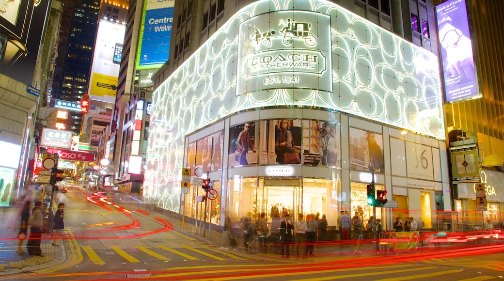 Lan Kwai Fong featuring city views, night scenes and modern architecture