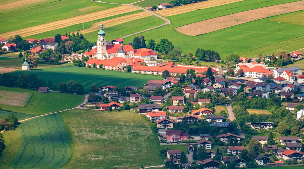 Beautiful view of monastery Neukirchen beim Heiligen Blut at Hohenbogen summit - Bavarian forest - Bavaria - Germany