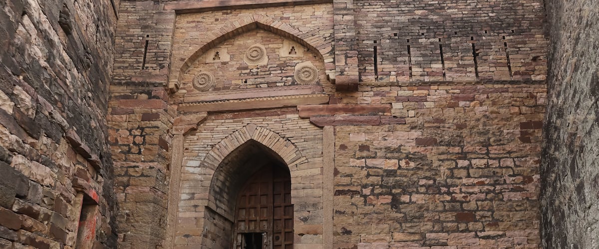 An arched doorway with intricate carvings and a brick wall.