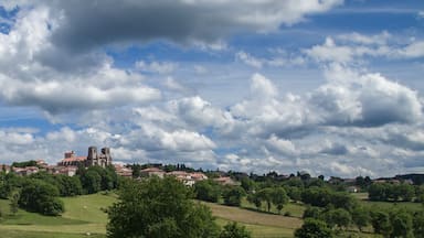 Une ville qui se distingue par une église imposante située sur une colline, entourée de champs verdoyants et d’arbres, sous un ciel partiellement nuageux.
