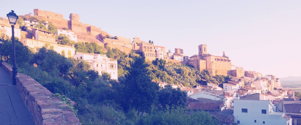 A historic town with medieval architecture, including a prominent castle on a hill and traditional buildings.