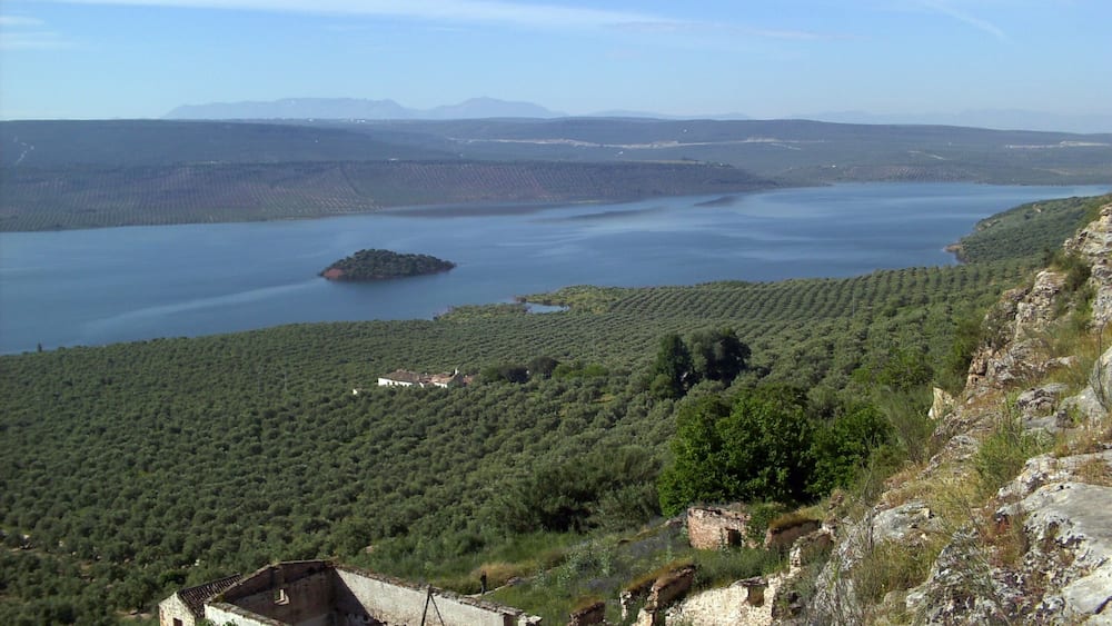 A coastal landscape with a large body of water, a small island, and a rocky cliff with ruins.