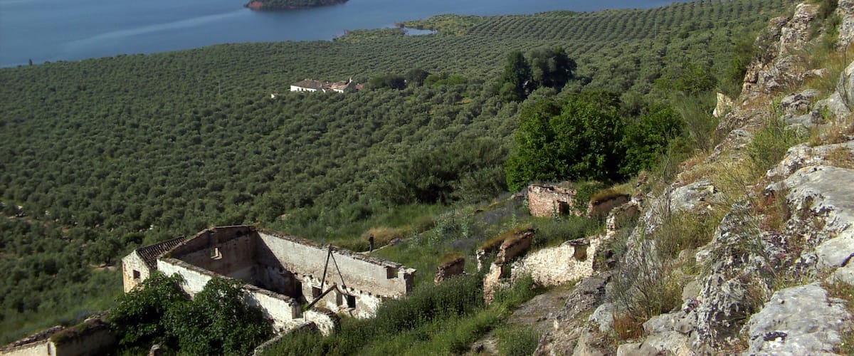 Un paisaje costero con una masa de agua extensa, una pequeña isla y un acantilado rocoso con ruinas.