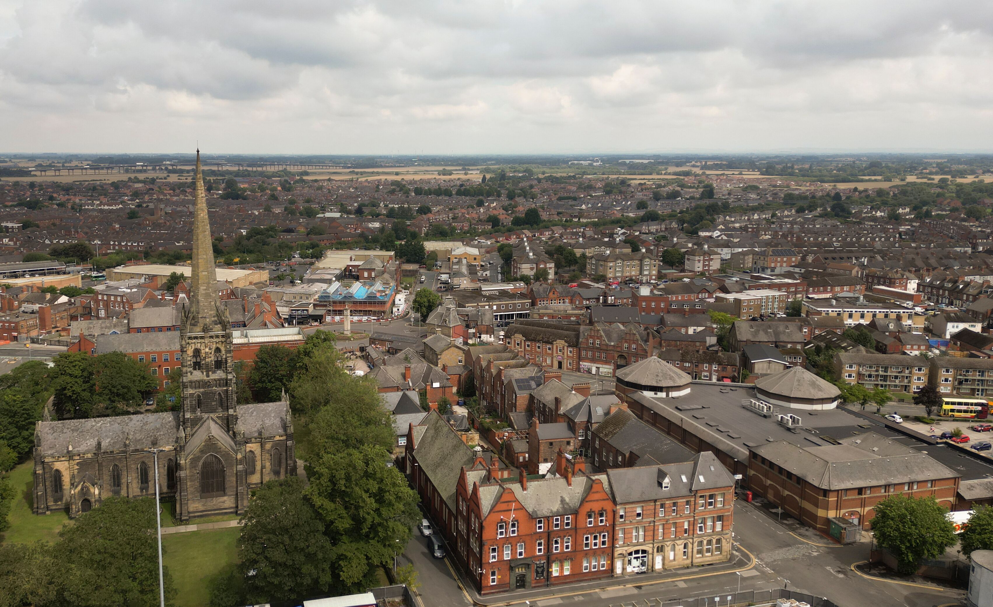 Aerial photograph of Goole UK showing St Johns Church. Goole is a port town and civil parish on the River Ouse in the East Riding of Yorkshire, England. 