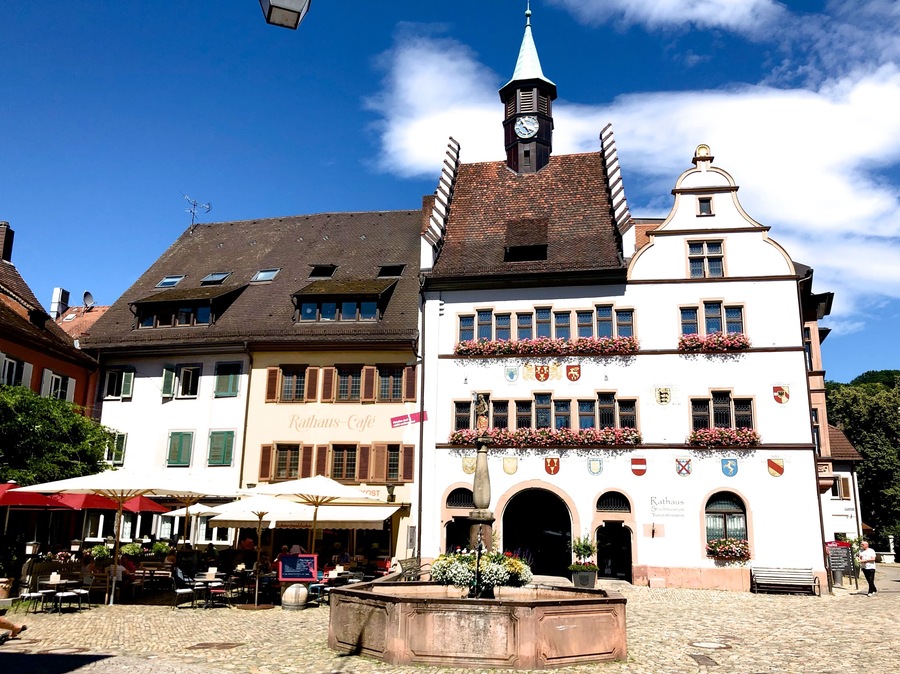 Staufen lies at the foot of the Black Forest at the exit from the Münstertal. The Black Forest valley of Neumagen goes here directly over into the Rhine plain. The piedmont of the Black Forest is less distinct. North of the valley exit, the steeply rising old castle ruins dominates; to the southwest begins the hilly landscape of the Markgräflerland. Staufen lies on the border between two natural and economic areas: the Rhine plain up to the piedmont with its cultivation of grain, vineyards and vegetables; and the Black Forest, with its cattle and wood, and, until the 19th century, silver mines.