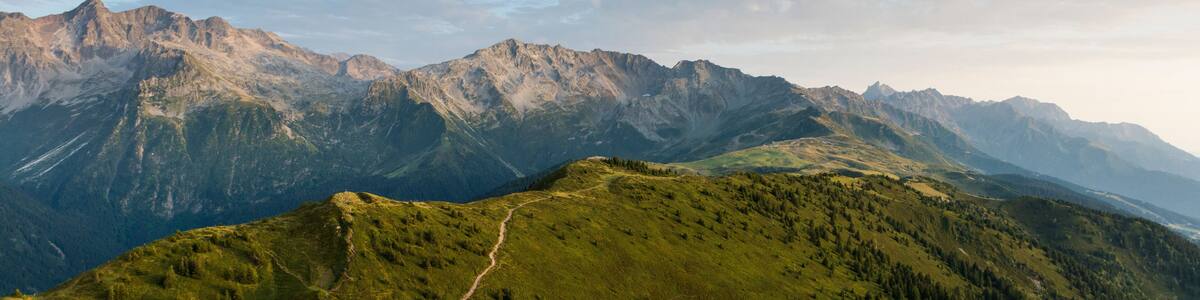 aerial image of green meadows in a mountain landscape at Isère