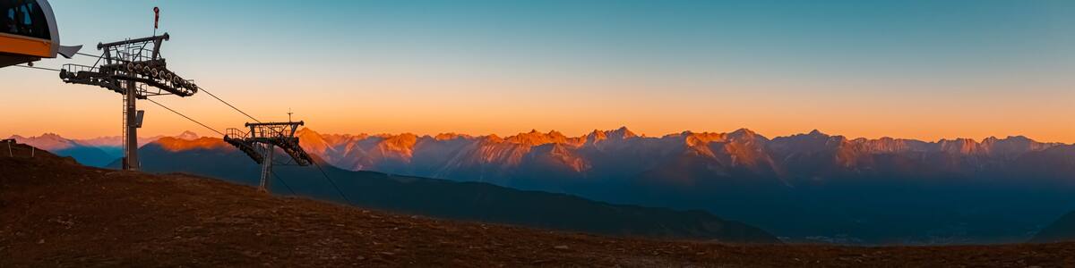 High resolution stitched alpine summer sunrise panorama at Mount Sechszeiger, Jerzens, Imst, Tyrol, Austria