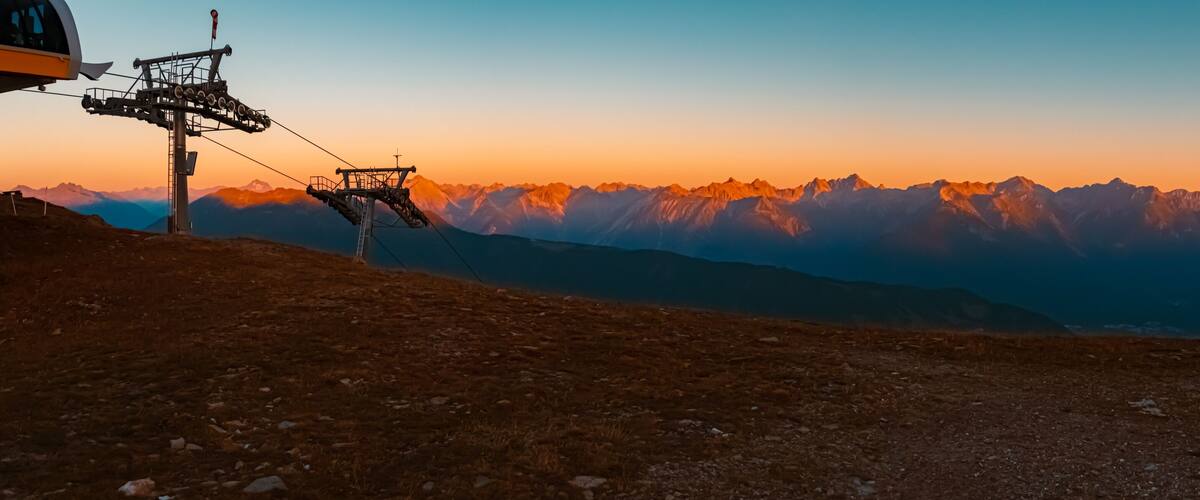 High resolution stitched alpine summer sunrise panorama at Mount Sechszeiger, Jerzens, Imst, Tyrol, Austria
