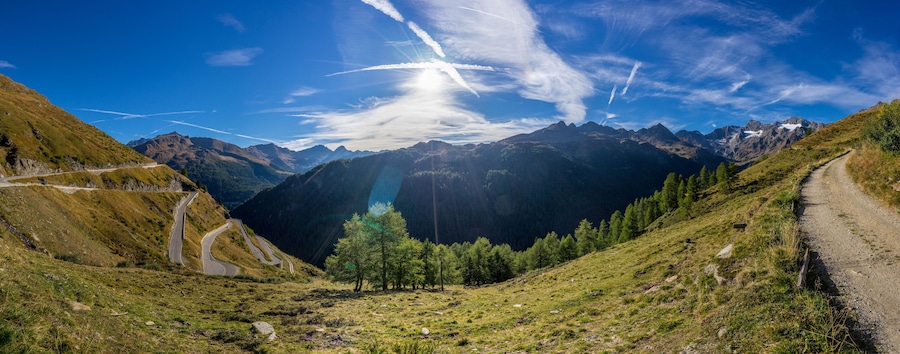 Mountains, peaks and trees landscape, natural environment. Timmelsjoch High Alpine Road. Passo del Rombo, the highest pass of the Eastern Alps. Ötztal valley, Tyrol, Austria, Europe