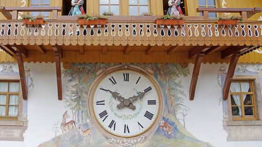 The whole end of a gift shop specializing in cuckoo clocks is a cuckoo clock itself. Inside hundreds of cuckoo clocks for sale.