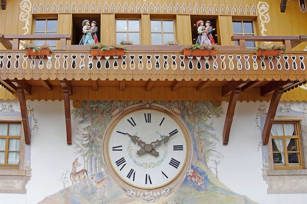 The whole end of a gift shop specializing in cuckoo clocks is a cuckoo clock itself. Inside hundreds of cuckoo clocks for sale.