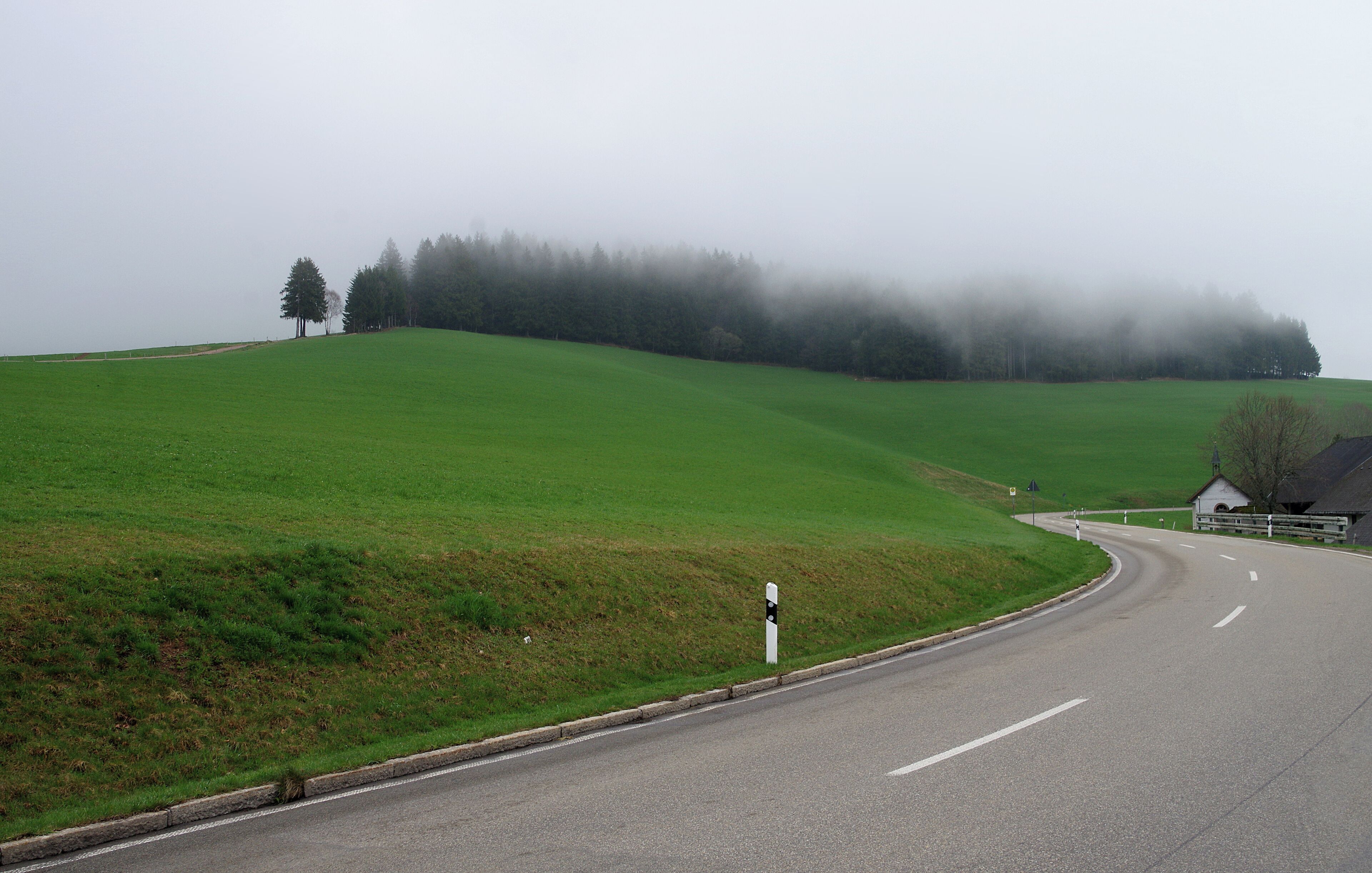 The fog ha.going over the woods makes the picture.