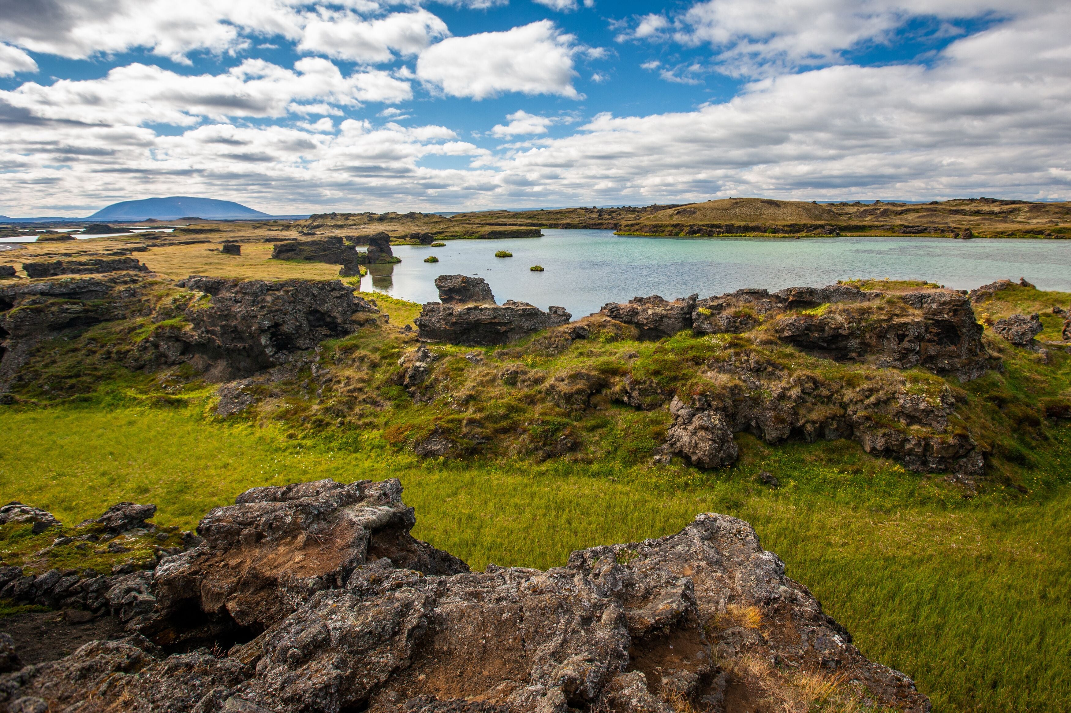 Lake Mývatn is a lake in the northeast of Iceland. There is blue-hued water, which is characterised by high clarity.