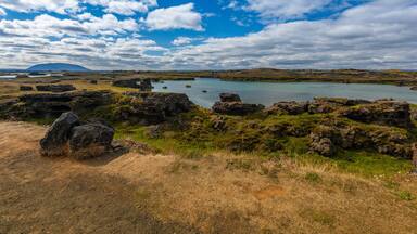 Lake Mývatn is a lake in the northeast of Iceland. There is blue-hued water, which is characterised by high clarity.