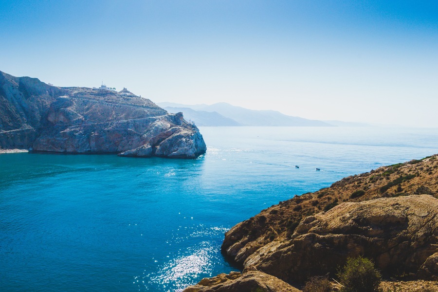 The incredible seascaping view of beach with blue sea in morocco in summer