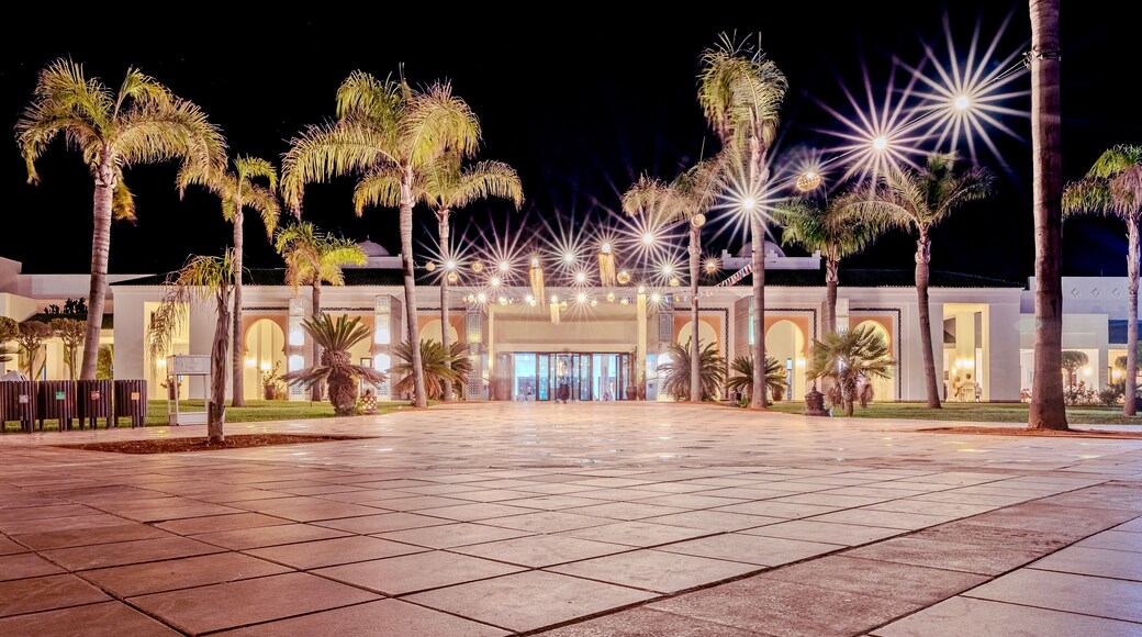 Un edificio bien iluminado con una entrada amplia, rodeado de palmeras y una zona pavimentada.