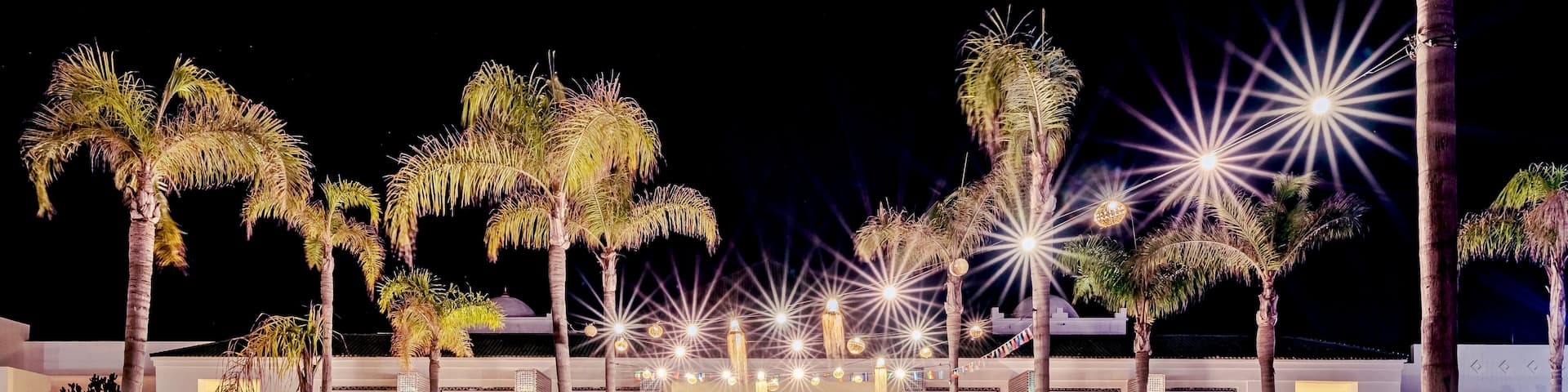 A well-lit building with a large entrance, surrounded by palm trees and a paved area.