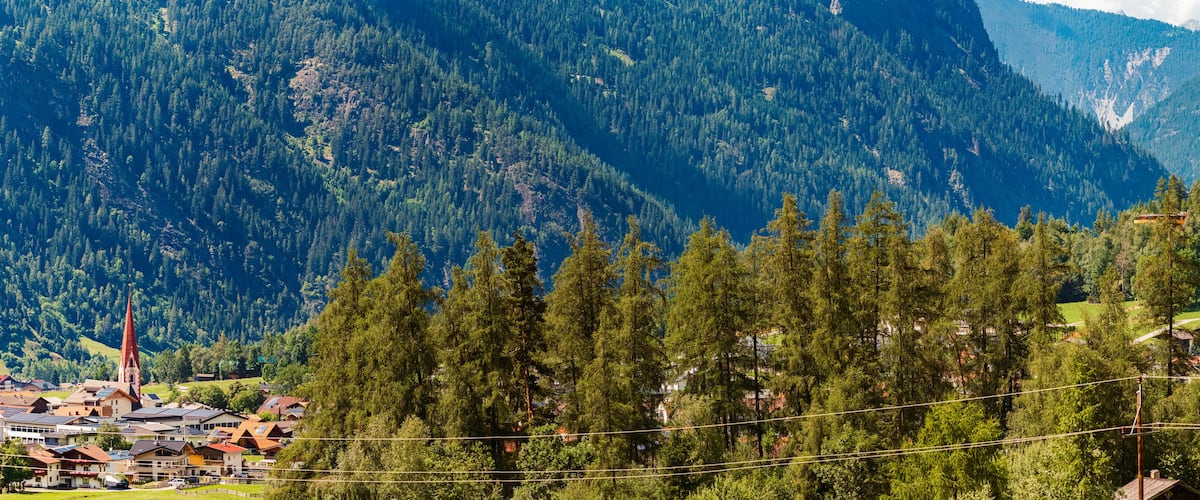 A mountainous landscape with dense forests, a church, and residential buildings.