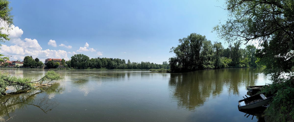A calm river with boats docked on the right, surrounded by dense trees and a clear sky.