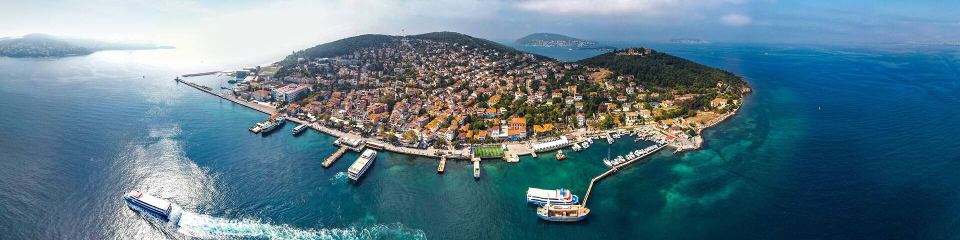 Heybeliada Island in Istanbul, Turkey. Heybeliada is the second largest of the Princes Islands in the Sea of Marmara. Drone shot.