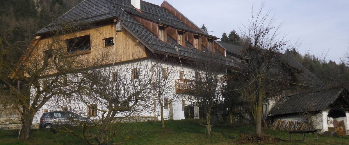 A traditional wooden house with a sloped roof, surrounded by a grassy field and trees.