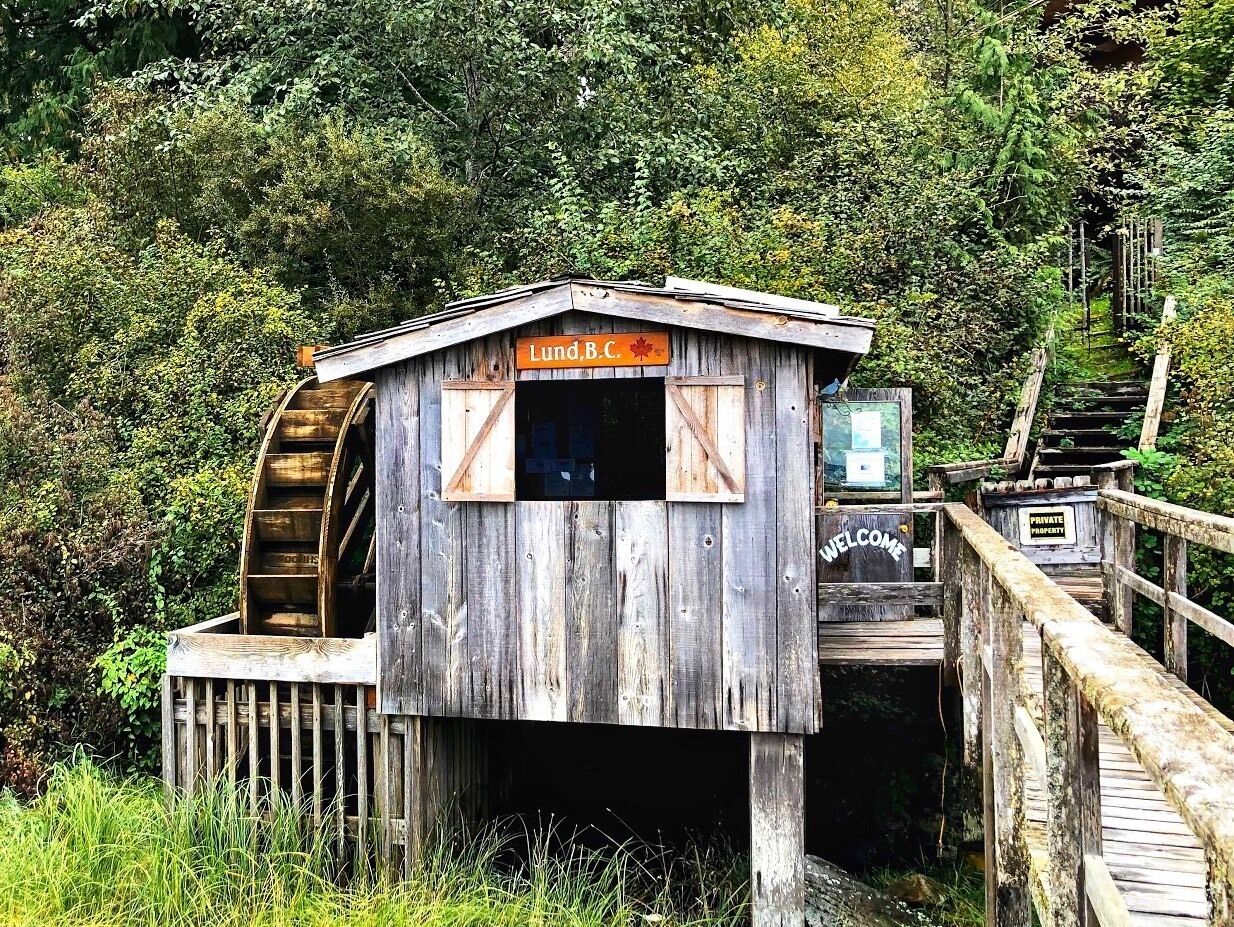 The Lund waterwheel was built just upstream from here and used until electricity came to Lund, BC, in the late 1950s. In the late 1970s it was moved and rebuilt in its current location. Fishermen used it as a fish-gutting station. In 2005, the community got together and sold engraved planks to raise funds for rebuilding both the boardwalk and the waterwheel. In 2007, it became an information booth. More improvements were made to the waterwheel in 2017 and now the wheel turns when there is sufficient water in the creek. (September 2019) 

#Trovember #History