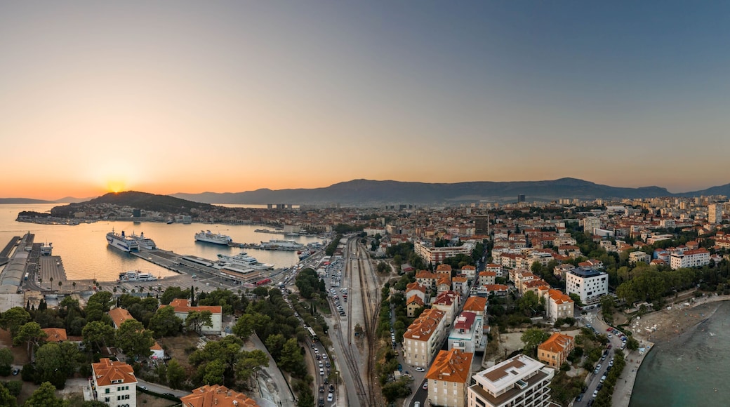 Aerial panoramic drone shot of ferry port from railway east city of Split in croatia summer