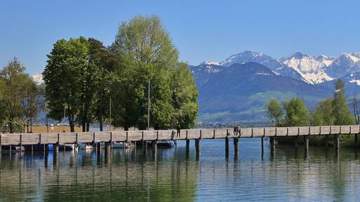 Timber gangplank in Rapperswil. Lake Zurichsee and snow capped mountains. Springtime.