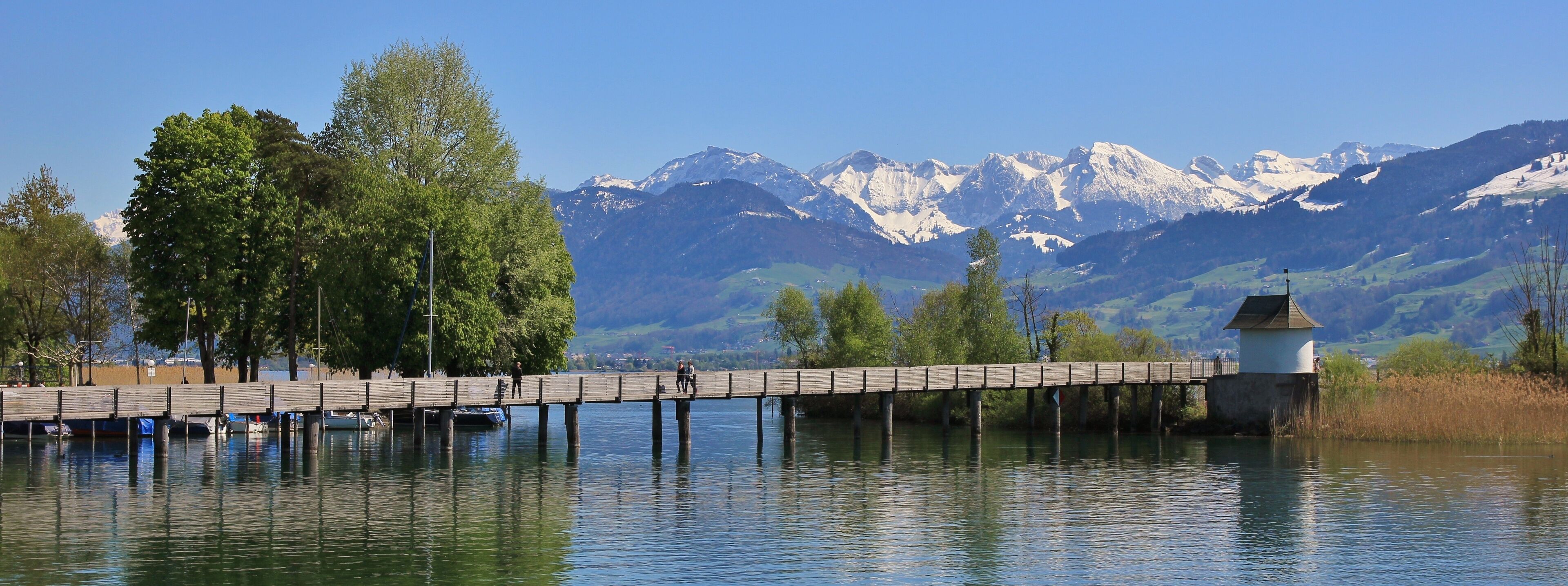 A wooden pier extending over a calm lake, with snow-capped mountains in the background.