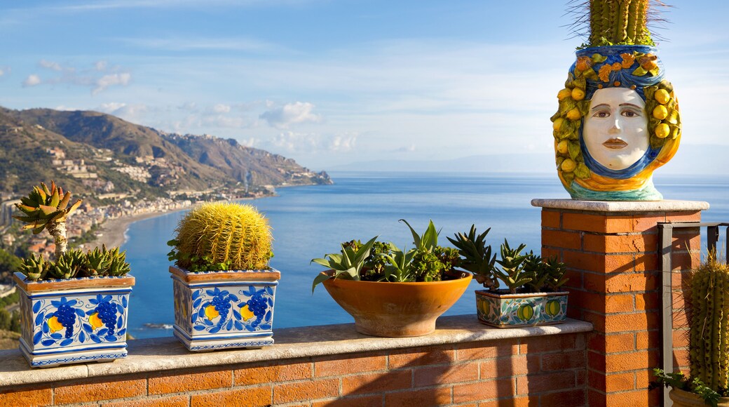 Vista costera con una escultura de cactus sobre un muro de ladrillo, plantas en macetas y un mar azul transparente.