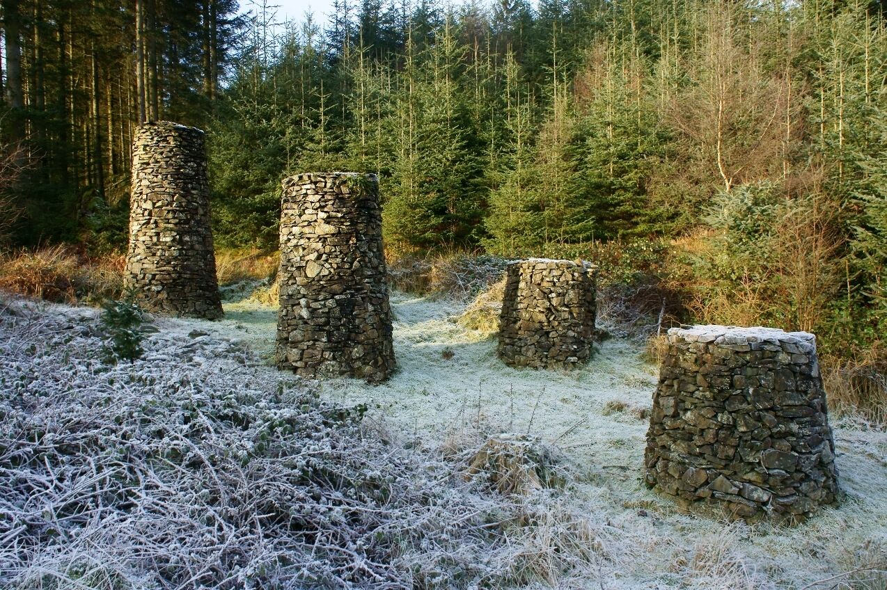 Stone structures in a forested area with a snowy ground.
