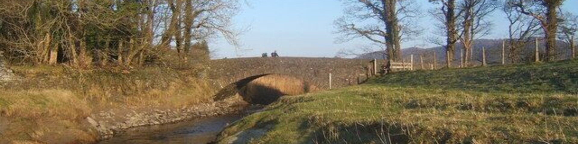 Un arroyo estrecho, un sendero de tierra y un puente en un entorno rural.