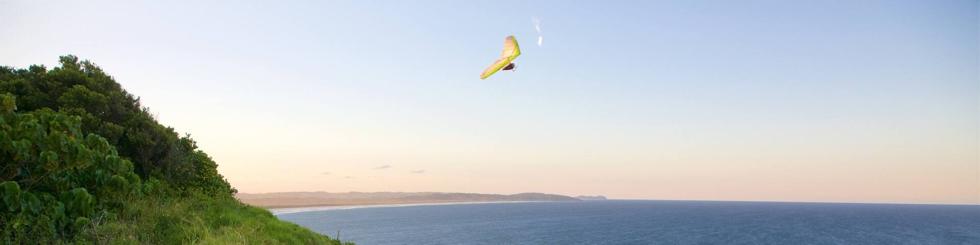 A coastal landscape with a grassy cliff, ocean waves, and a glider in flight.