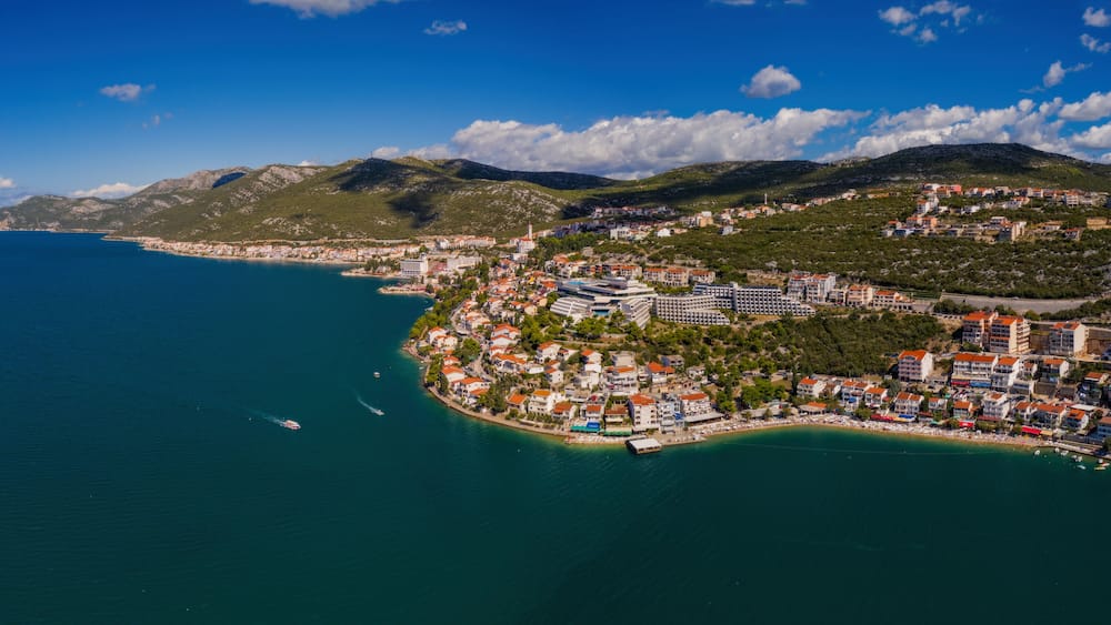 Panoramic view of NEUM, BOSNIA AND HERZEGOVINA, a seaside resort on the Adriatic Sea, is the only coastal access in Bosnia and Herzegovina. September 2020