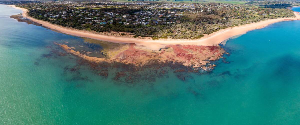 An aerial view of a coastal area with a beach, a forested peninsula, and clear blue waters.