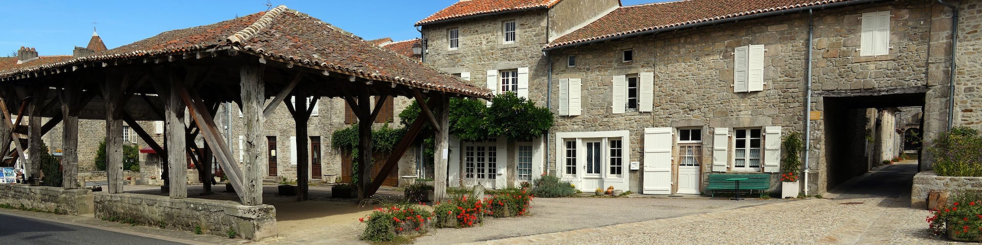 Panorama in the village of Mortemart with its ancient covered market hall, Limousin, France