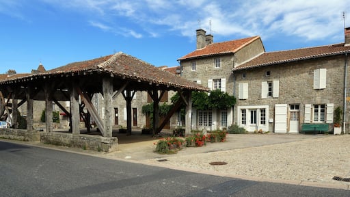 Panorama in the village of Mortemart with its ancient covered market hall, Limousin, France