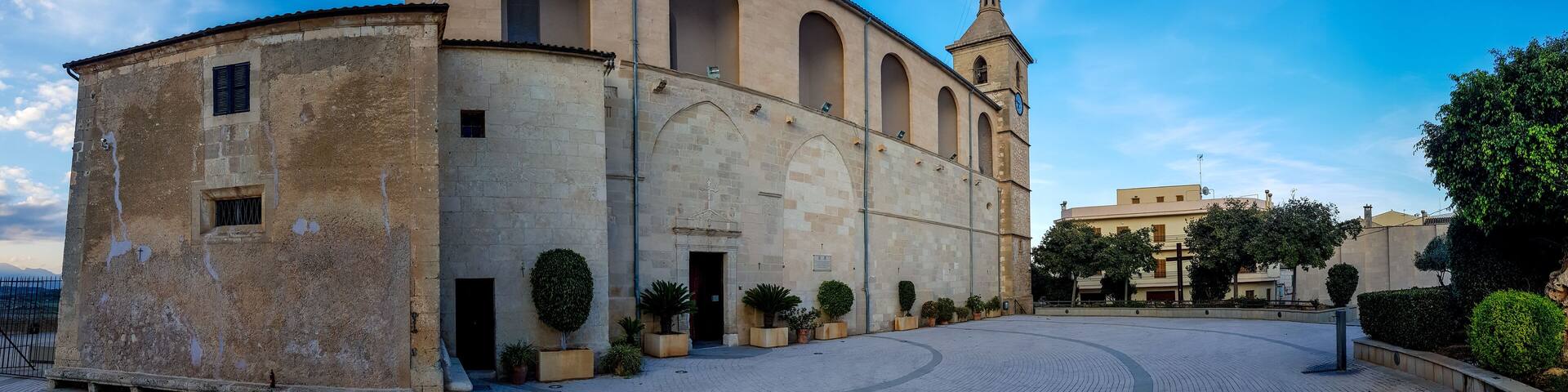 Panorama of the church in the village of Santa Margalida on the balearic island of Mallorca, spain