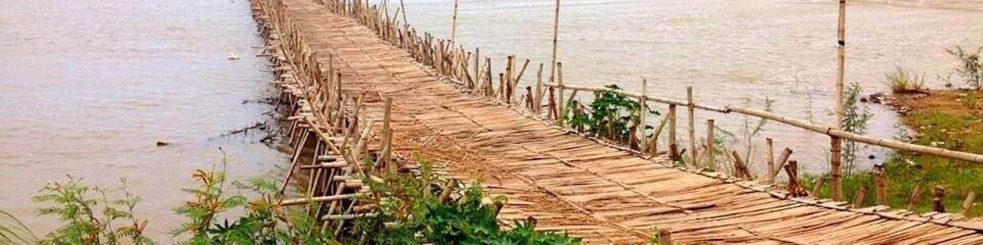 A bamboo bridge over a river with greenery in the foreground.