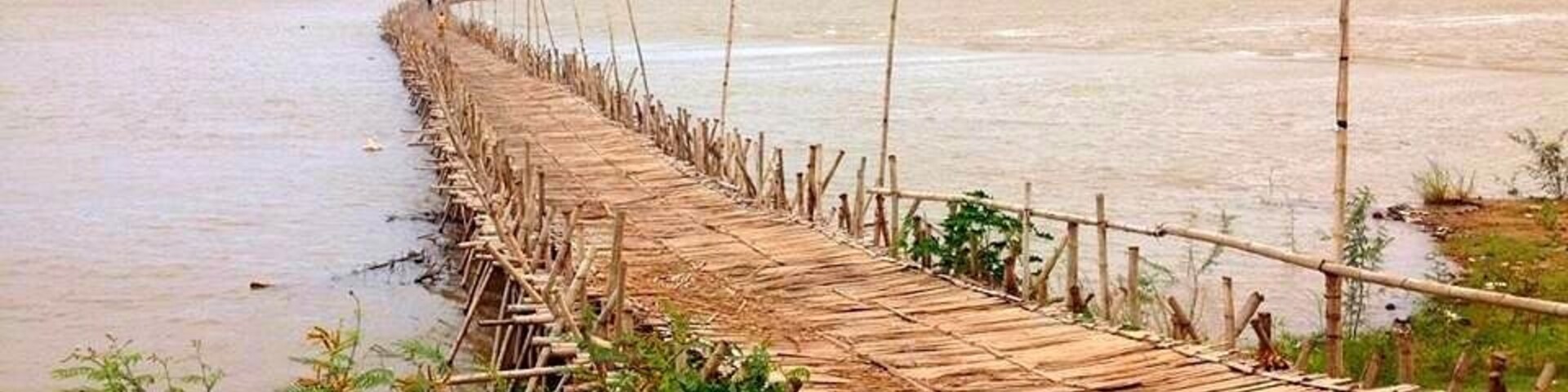 Uma ponte de bambu sobre um rio, com vegetação em primeiro plano.