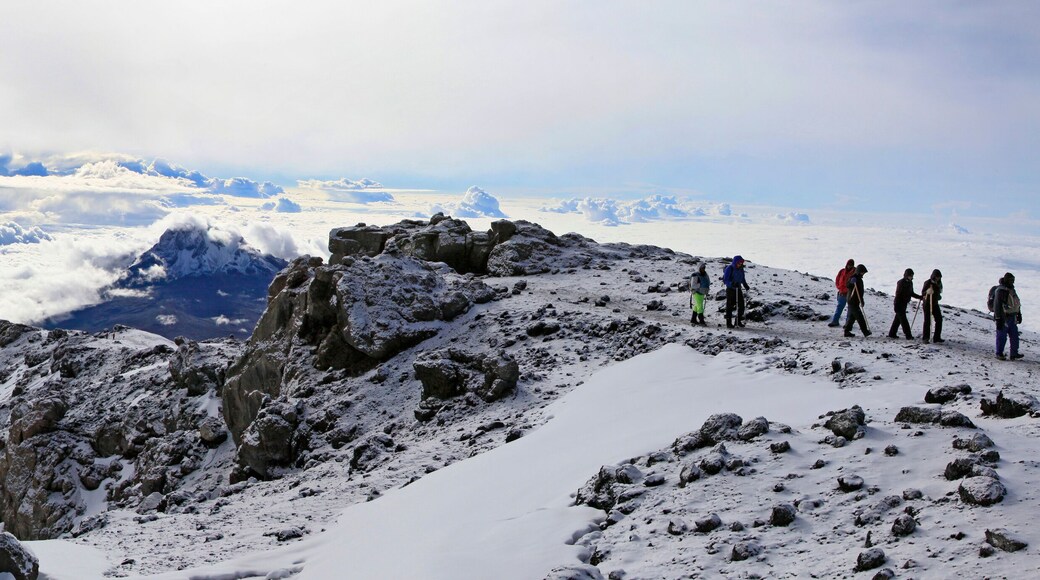 Climbers ascending the crater rim of Mt. Kilimanjaro, up from Stella Point, as seen from the summit area.