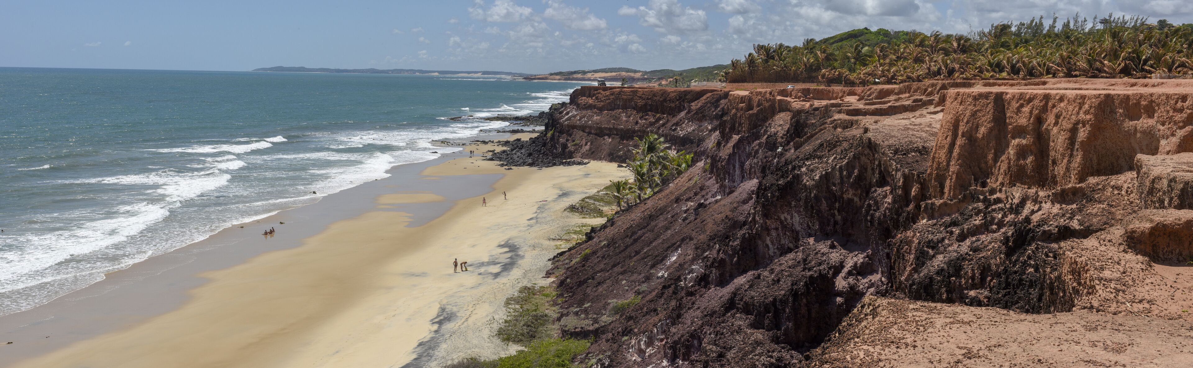 A coastal landscape with a sandy beach, rocky cliffs, and palm trees.