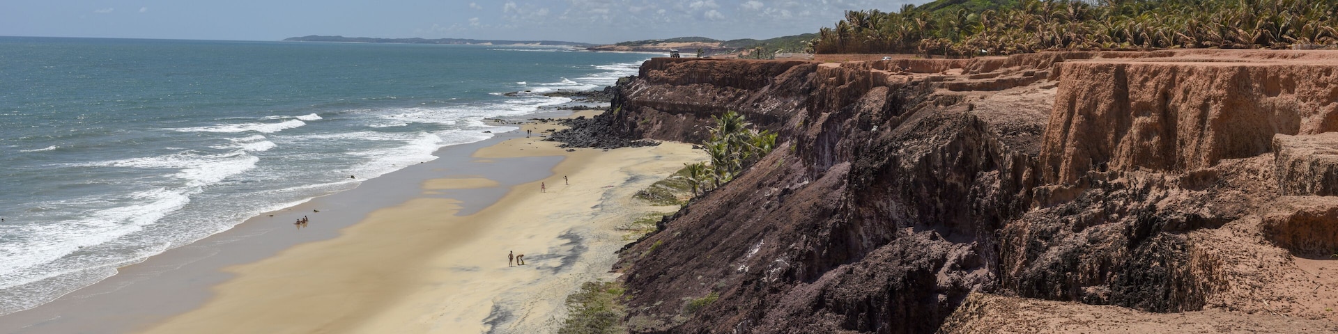 A coastal landscape with a sandy beach, rocky cliffs, and palm trees.
