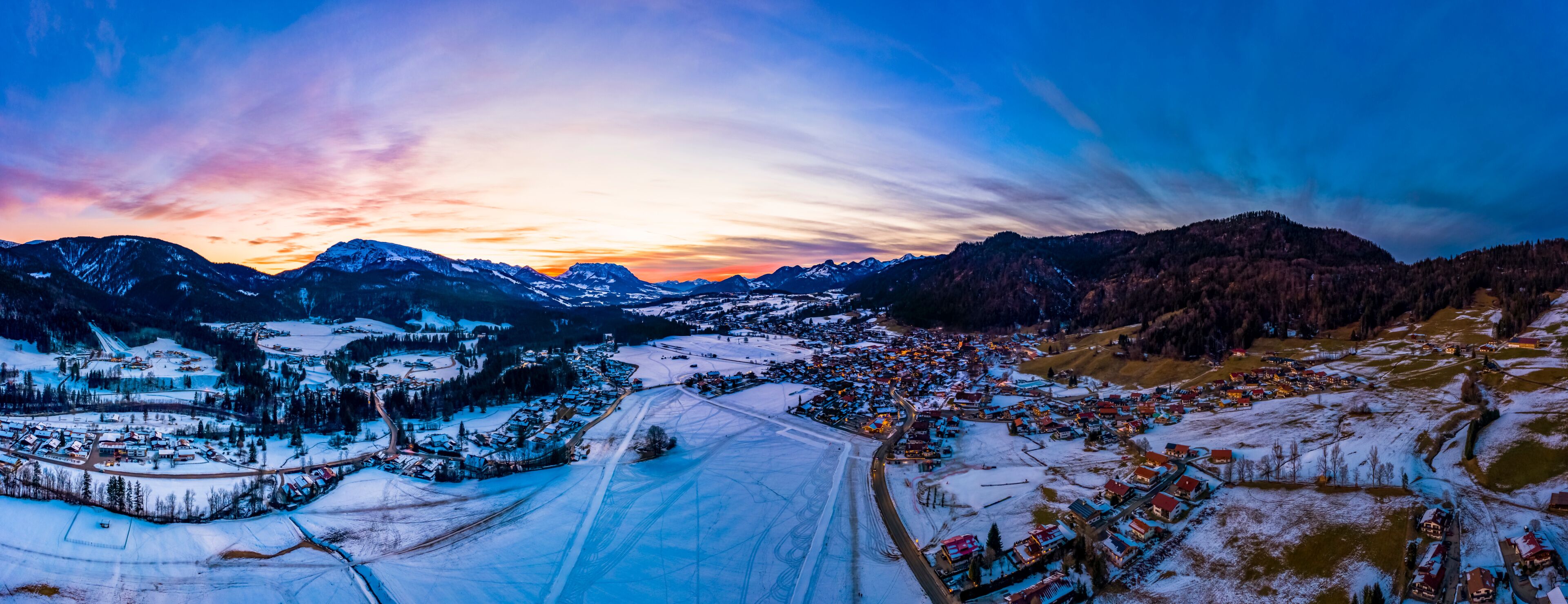 Aerial view, Snowy Reit im Winkl at dusk, Chiemgau, Upper Bavaria, Bavaria, Germany