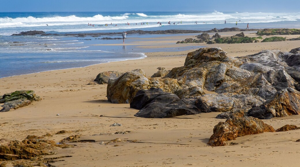 Sunny beach with surfers and rocks in the sand. Razo beach. Carballo, Galicia, Spain