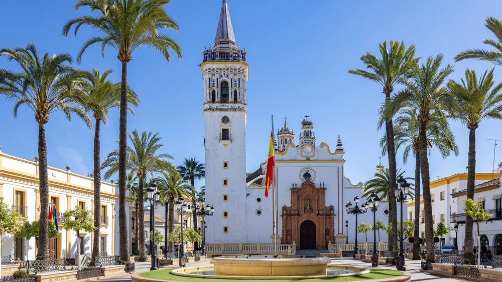 Parish Church of San Juan Bautista in Spain Square in the Municipality of La Palma del Condado, Huelva province, Andalusia, Spain